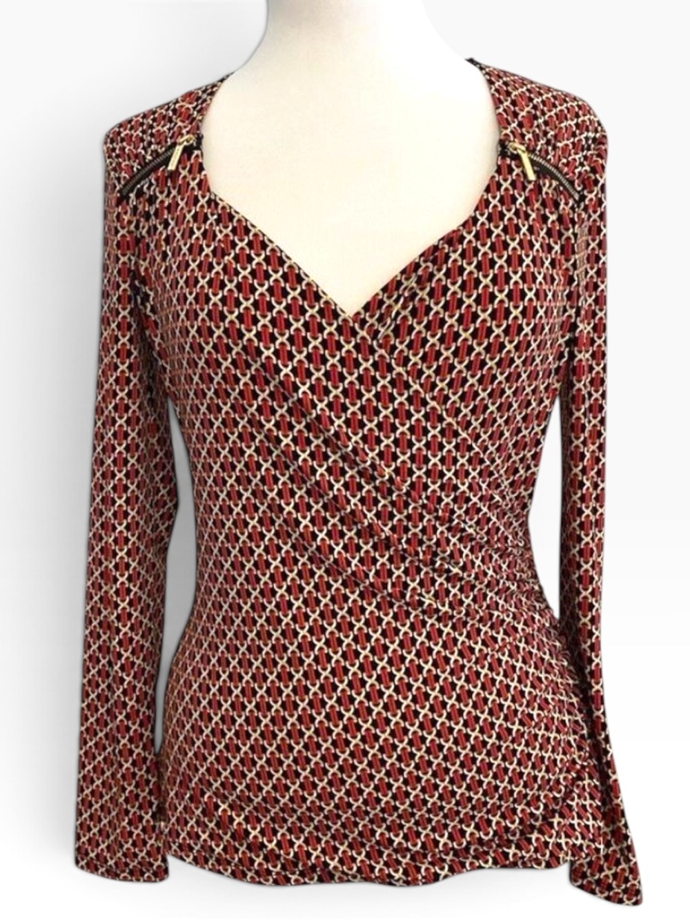 Michael Kors wrap top red silky jersey silver hardware V neck long sleeve medium